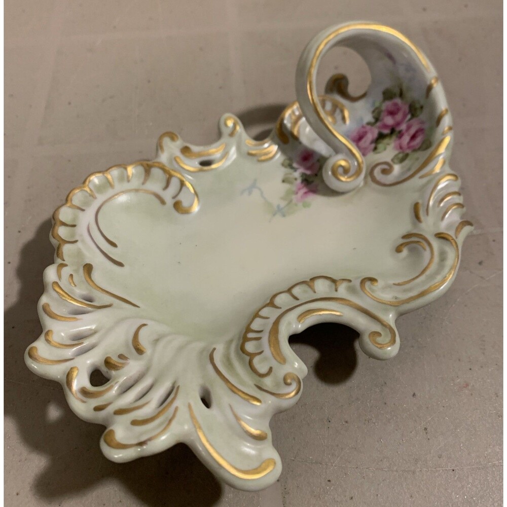 Vintage Signed Porcelain Serving Dish Roses Gold Guild Trinket Vanity